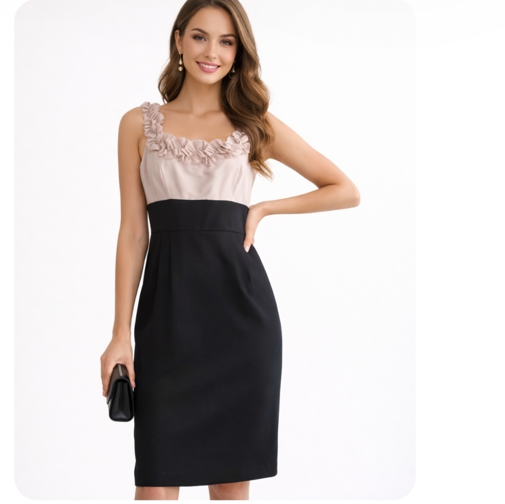 Maggy London |  Sophisticated Black and Beige Cocktail Dress
